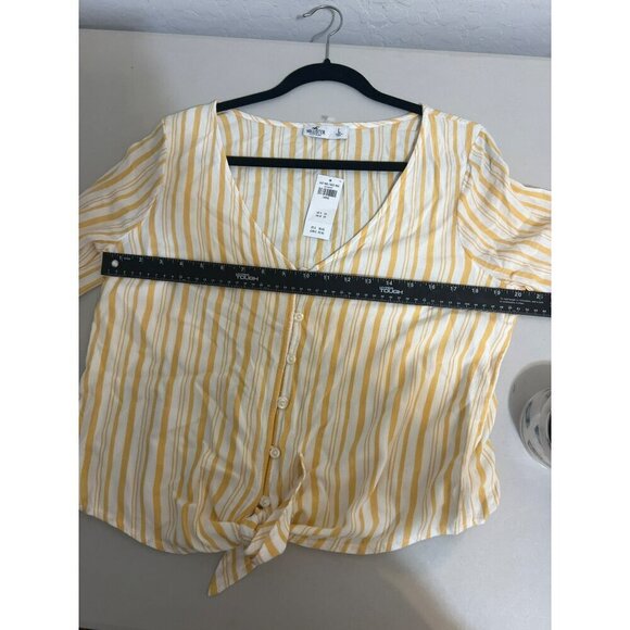 NWT Hollister Sz L Button Up Blouse Tie Waist Detail Yellow White Stripes - Picture 7 of 7